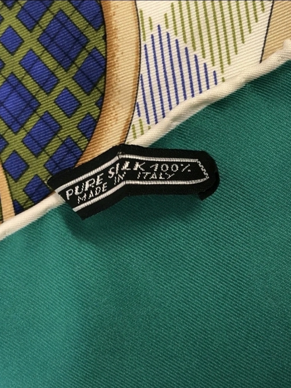 CELINE Paris Vtg Silk Scarf Equestrian Saddle Harness Motif Green Checkered 86cm - Picture 10 of 10